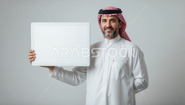 إعلانات وعروض تسويقية، موك اب مربع أبيض، استخدام لوحات توضيحية ووسائل تعليمية، بورتريه مقرب لرجل عربي خليجي سعودي مبتسم يرتدي الثوب التقليدي والشماغ يحمل بيده لوحه بيضاء مربعه فارغة، خلفية بيضاء