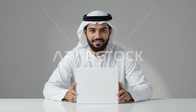 إعلانات وعروض تسويقية، موك اب مربع أبيض، استخدام لوحات توضيحية ووسائل تعليمية، بورتريه مقرب لرجل عربي خليجي سعودي مبتسم يرتدي الثوب التقليدي والغترة يحمل بيده لوحه بيضاء مربعه فارغة، خلفية بيضاء