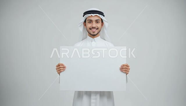 إعلانات وعروض تسويقية، موك اب مربع أبيض، استخدام لوحات توضيحية ووسائل تعليمية، بورتريه مقرب لرجل عربي خليجي سعودي مبتسم يرتدي الثوب التقليدي والغترة يحمل بيده لوحه بيضاء مربعه فارغة، خلفية بيضاء