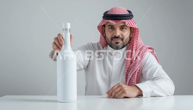 Soft drink ads and marketing promotions, white bottle mockup, use of illustrative packaging and signifiers, close-up portrait of a smiling Saudi Arabian Gulf man wearing traditional thobe and ghutra holding an empty white water bottle, white background