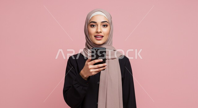 استخدام جهاز تقني حديث, تصفح وسائل التواصل الاجتماعي, بورتريه مقرب لامرأة عربية خليجية سعودية مبتسمة ترتدي الحجاب تمسك بيدها الهاتف المحمول، خلفية ملونة