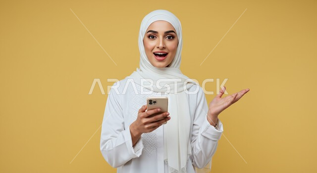 استخدام جهاز تقني حديث, تصفح وسائل التواصل الاجتماعي, بورتريه مقرب لامرأة عربية خليجية سعودية مبتسمة ترتدي الحجاب تمسك بيدها الهاتف المحمول، خلفية ملونة