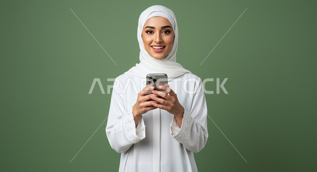 استخدام جهاز تقني حديث, تصفح وسائل التواصل الاجتماعي, بورتريه مقرب لامرأة عربية خليجية سعودية مبتسمة ترتدي الحجاب تمسك بيدها الهاتف المحمول، خلفية ملونة