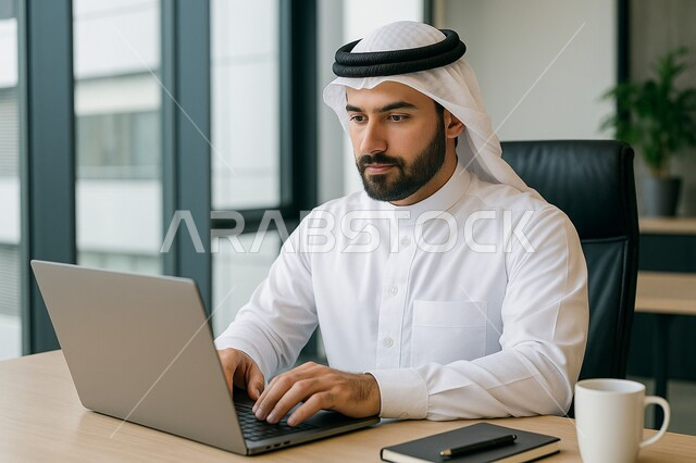ادارة وانجاز المهام باستخدام جهاز تقني حديث ومتطور, رجل عربي خليجي سعودي يرتدي الغترة والثوب التقليدي يعمل على الحاسوب المحمول, ايماءات وتعابير التركيز والاندماج، مهن ووظائف مكتبية سعودية، كتابة وتدوين البيانات والنتائج