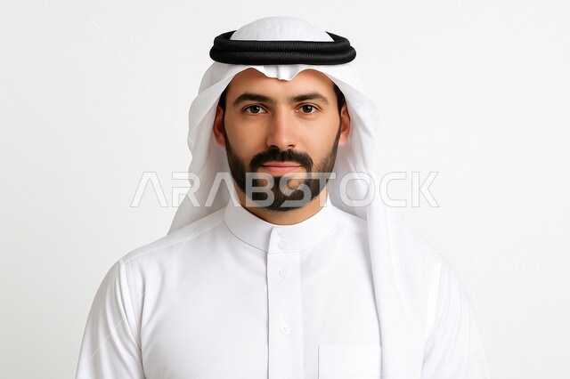 الرجولة والقوة والثقة بالنفس، بورتريه مقرب لرجل عربي خليجي سعودي مبتسم يرتدي الشماغ والثوب التقليدي ينظر إلى الكاميرا بإيماءات الجدية، مفهوم الاهتمام في المظهر الخارجي، خلفيه بيضاء