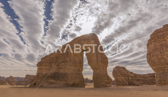 Elephant Rock in Saudi Arabia, ancient civilizations and historical monuments, mountain peaks and heights, famous desert places and areas, rock formations and compositions in the city of AlUla