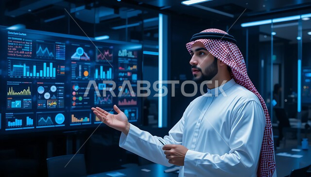 سوق البورصة العالمي، تداول العملة الرقمية، دمج التكنولوجيا المتطورة مع العمل، الرسوم البيانيه الهولوجراميه على شاشة الكترونيه مضيئه، صورة مقربة لرجل أعمال عربي خليجي سعودي يرتدي الثوب التقليدي والشماغ يقوم بالشرح عن ارتفاع وانخفاض الأسهم