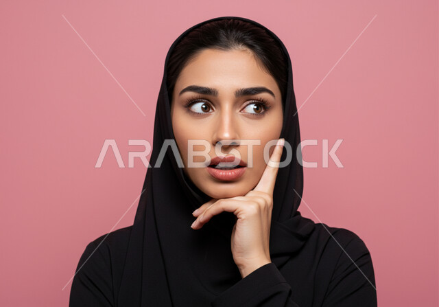 ايماءات الذهول لسماع خبر مفاجئ، الصدمة والتعجب من حصول أمر ما، بورتريه مقرب لامرأة عربية خليجية سعودية محجبة تضع يدها على ذقنها بتعابير الدهشة والخوف، خلفية وردية