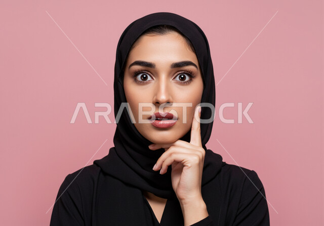 ايماءات الذهول لسماع خبر مفاجئ، الصدمة والتعجب من حصول أمر ما، بورتريه مقرب لامرأة عربية خليجية سعودية محجبة تضع يدها على ذقنها بتعابير الدهشة والخوف، خلفية وردية