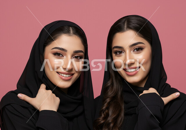 الجمال والاهتمام بالمظهر الخارجي، مفهوم الأنوثة والنعومة، بورتريه مقرب لامرأتين عربيتين خليجيتين سعوديتين ترتديان الحجاب تنظران إلى الكاميرا بايماءات الثقة بالنفس والسرور، خلفية وردية