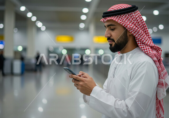 Using a high-tech device, a close-up side view of a young Saudi Arabian Gulf man wearing a traditional thobe and shemagh using a mobile phone, expressions of engagement and concentration.
