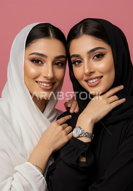 الجمال والاهتمام بالمظهر الخارجي، مفهوم الأنوثة والنعومة، بورتريه مقرب لامرأتين عربيتين خليجيتين سعوديتين ترتديان الحجاب تنظران إلى الكاميرا بايماءات الثقة بالنفس والسرور، خلفية وردية