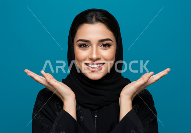 الأناقة و الاهتمام بالمظهر الخارجي, مفهوم الأنوثة و النعومة, بورتريه مقرب لشابة عربية خليجية سعودية مبتسمة ترتدي الحجاب ترفع يديها الى الاعلى بتعابير الحماس والسرور، النظر إلى الكاميرا بإيماءات السعادة، خلفية زرقاء