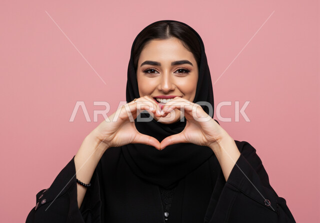 مفهوم المحبة والمودة، اظهار مشاعر الحب والشغف، ايماءات يدين على شكل قلب، بورتريه مقرب لامرأه عربيه خليجيه سعوديه محجبة ترتدي عباءة سوداء تنظر إلى الكاميرا بتعابير السرور والسعادة، خلفية وردية