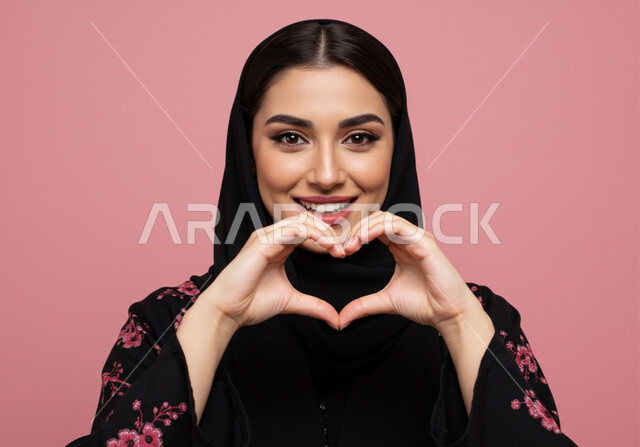 مفهوم المحبة والمودة، اظهار مشاعر الحب والشغف، ايماءات يدين على شكل قلب، بورتريه مقرب لامرأه عربيه خليجيه سعوديه محجبة ترتدي عباءة سوداء تنظر إلى الكاميرا بتعابير السرور والسعادة، خلفية وردية