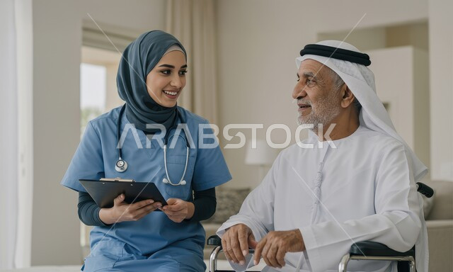 تقديم الخدمات الطبية المنزلية، الاهتمام والاعتناء بمرضى ذوي الهمم، مفهوم الطب والرعاية الصحية في الامارات، ممرضة ترتدي اليونيفورم تقدم العلاج الفيزيائي لرجل مسن عربي خليجي اماراتي يرتدي الكندورة والغترة يجلس على كرسي متحرك في منزله