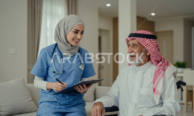 تقديم الخدمات الطبية المنزلية، الاهتمام والاعتناء بمرضى ذوي الهمم، مفهوم الطب والرعاية الصحية، ممرضة ترتدي اليونيفورم تقدم العلاج الفيزيائي لرجل مسن عربي خليجي سعودي يرتدي الشماغ والثوب التقليدي يجلس على كرسي متحرك في منزله