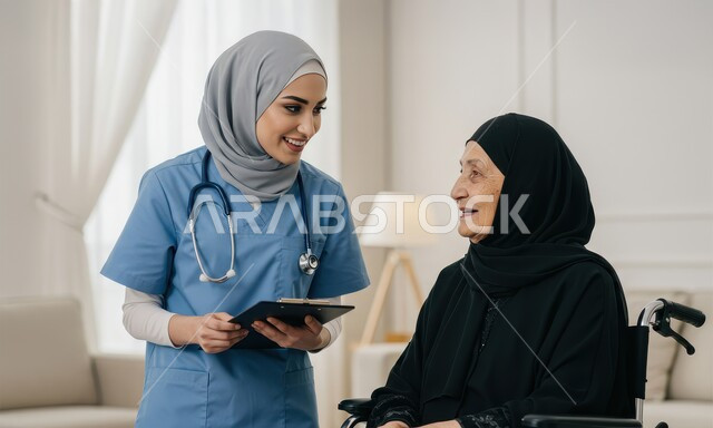 الاهتمام والاعتناء بمرضى ذوي الهمم، مفهوم الطب والرعاية الصحية في السعودية، ممرضة ترتدي اليونيفورم تقدم العلاج الفيزيائي لإمرأة مسنة عربية خليجية سعودية ترتدي الحجاب والعباءة تجلس على كرسي متحرك في منزلها، تقديم الخدمات الطبية المنزلية