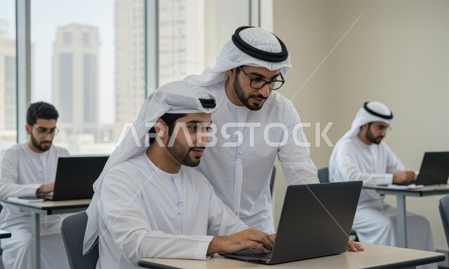 جودة التعليم في جامعات الامارات العربية المتحدة، طالبان عربيان خليجيان اماراتيان يرتديان الغترة والكندورة يقومان بالبحث العلمي باستخدام الحاسب المحمول داخل القاعة الصفية، دمج التقنية والتكنولوجيا في المجال العلمي