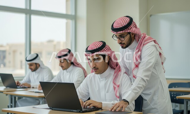 دمج التقنية والتكنولوجيا في المجال العلمي، جودة التعليم في جامعات المملكة العربية السعودية، طالبان عربيان خليجيان سعوديان يرتديان الثوب التقليدي والشماغ يقومان بالبحث العلمي باستخدام الحاسب المحمول داخل القاعة الصفية