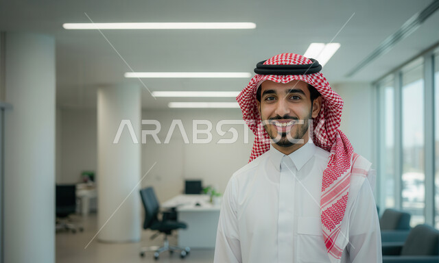 بيئة العمل المريحة في شركات السعودية، النظر الى الكاميرا بتعابير السرور والسعادة، مهنة ووظيفة مكتبية، رجل عربي خليجي سعودي مبتسم يرتدي الشماغ والثوب التقليدي يقف بايماءات الثقة بالنفس داخل المكتب في مقر الشركة