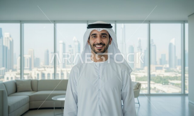  النظر الى الكاميرا بتعابير السرور والسعادة، مهنة ووظيفة مكتبية، رجل عربي خليجي اماراتي مبتسم يرتدي الغترة والكندورة يقف بايماءات الثقة بالنفس داخل المكتب في مقر الشركة، بيئة العمل المريحة في شركات الامارات العربية المتحدة