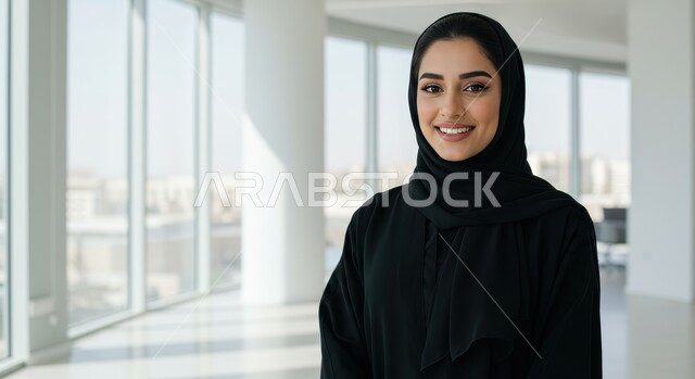  مفهوم الاناقة والانوثة والاهتمام بالمظهر الخارجي، صورة مقربة لإمرأة عربية خليجية سعودية مبتسمة ترتدي العباءة والحجاب تقف بأيدي متقاطعة بايماءات الثقة بالنفس داخل المكتب، بيئة العمل المريحة في شركات المملكة العربية السعودية