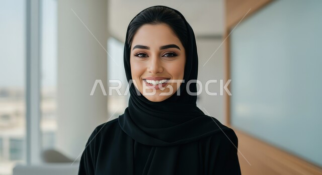 مفهوم الاناقة والانوثة والاهتمام بالمظهر الخارجي، صورة مقربة لإمرأة عربية خليجية سعودية مبتسمة ترتدي العباءة والحجاب تقف بأيدي متقاطعة بايماءات الثقة بالنفس داخل المكتب، بيئة العمل المريحة في شركات المملكة العربية السعودية