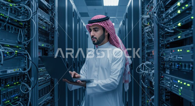 حفظ وتخزين المعلومات والبيانات لمستخدمين المواقع، مفهوم تكنولوجيا التخزين السحابي، رجل عربي خليجي سعودي يرتدي الثوب التقليدي والشماغ يقوم بالإشراف وإدارة بيانات الداتا سنتر باستخدام الحاسوب المحمول، غرفة التحكم بالسيرفرات وخوادم الإنترنت العملاقة، أجهزة تقنية حديثة