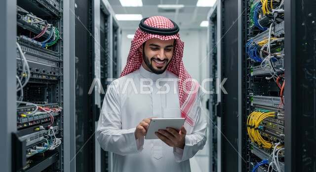 Saving and storing information and data for website users, the concept of cloud storage technology, a Saudi Arabian Gulf man wearing a traditional thobe and shemagh supervising and managing data center data using a tablet, a control room with servers and giant internet servers, modern technical devices