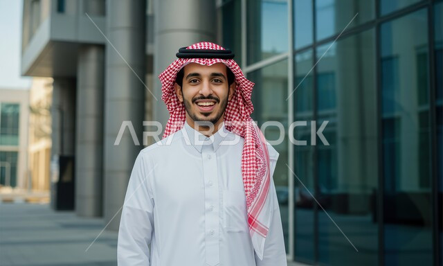  مفهوم الاناقة والرجولة والاهتمام بالمظهر الخارجي، رجل عربي خليجي سعودي مبتسم يرتدي الشماغ والثوب التقليدي يقف باستقامة بايماءات الثقة بالنفس، خلفية مبنى احدى الشركات في الامارات العربية المتحدة 