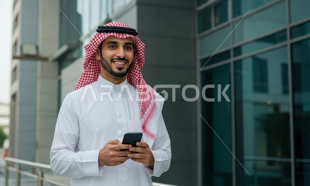  استخدام جهاز تقني حديث متطور في الحياة اليومية، مفهوم الاناقة والرجولة والاهتمام بالمظهر الخارجي، رجل عربي خليجي سعودي مبتسم يرتدي الشماغ والثوب التقليدي يمسك بيده الهاتف المحمول، خلفية مبنى احدى الشركات في المملكة العربية السعودية