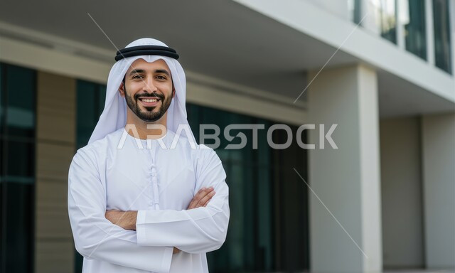 مفهوم الاناقة والرجولة والاهتمام بالمظهر الخارجي، رجل عربي خليجي اماراتي مبتسم يرتدي الغترة والكندورة التقليدية يقف بأيدي متقاطعة بايماءات الثقة بالنفس، خلفية مبنى احدى الشركات في الامارات العربية المتحدة