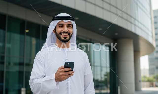 استخدام جهاز تقني حديث متطور في الحياة اليومية، مفهوم الاناقة والرجولة والاهتمام بالمظهر الخارجي، رجل عربي خليجي اماراتي مبتسم يرتدي الغترة والكندورة التقليدية يمسك بيده الهاتف المحمول، خلفية مبنى احدى الشركات في الامارات العربية المتحدة