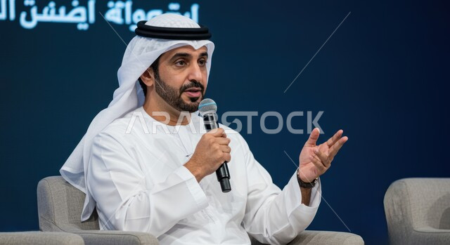 مهارات التحدث والحوار، شاب عربي خليجي اماراتي يرتدي الكندورة والغترة يقوم بتقديم ورش العمل والدورات التدريبية باستخدام مكبر الصوت، ايماءات وتعابير الاندماج والتركيز والثقة بالنفس، المشاركة بالمؤتمرات الثقافية، اتقان فن الالقاء والخطابة