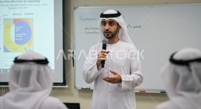 مهارات التحدث والحوار، شاب عربي خليجي اماراتي يرتدي الكندورة والغترة يقوم بتقديم ورش العمل والدورات التدريبية باستخدام مكبر الصوت، ايماءات وتعابير الاندماج والتركيز والثقة بالنفس، المشاركة بالمؤتمرات الثقافية، اتقان فن الالقاء والخطابة