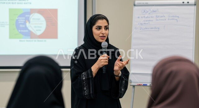 اتقان فن الالقاء والخطابة، مهارات التحدث والحوار، إمرأة عربية خليجية سعودية ترتدي الحجاب والعباءة تمسك بيدها مكبر الصوت تشارك في مؤتمر بإيماءات الاندماج والتركيز والثقة بالنفس
