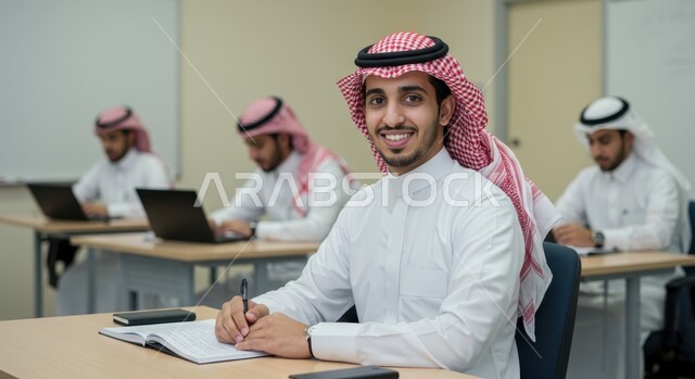 جودة التعليم الجامعي في المملكة العربية السعودية، الجلوس في الفصل الدراسي، استخراج المعلومات وتدوينها وكتابة التقارير والأبحاث العلمية، طالب عربي خليجي سعودي يرتدي الشماغ والثوب التقليدي يقوم بمراجعه الدروس اليومية في مكتبه الجامعه