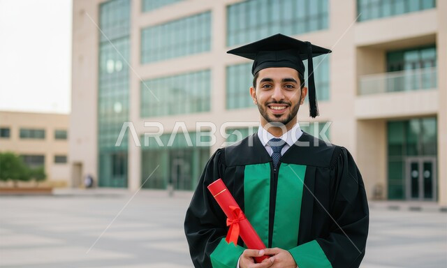 الاحتفال بإنهاء الدراسة الجامعية، تعابير السرور والسعادة بالنجاح، طالب عربي خليجي سعودي يرتدي عباءه وقبعة التخرج يحمل الشهادة بإيماءات الرضا والسرور، الشعور بالفخر والثقة بالنفس، مفهوم الاجتهاد والتفوق