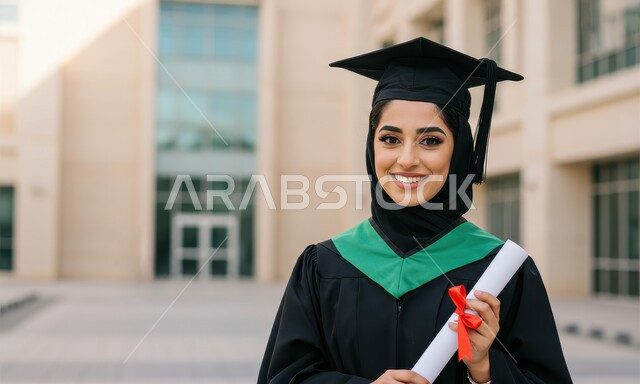  تعابير السرور والسعادة بالنجاح، طالبة عربية خليجية سعودية ترتدي عباءه وقبعة التخرج تحمل الشهادة بإيماءات الرضا والسرور، الشعور بالفخر والثقة بالنفس، مفهوم الاجتهاد والتفوق، الاحتفال بإنهاء الدراسة الجامعية
