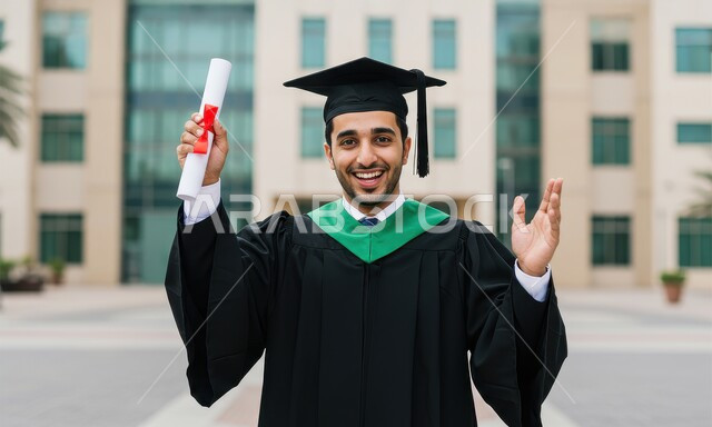 الاحتفال بإنهاء الدراسة الجامعية، تعابير السرور والسعادة بالنجاح، طالب عربي خليجي سعودي يرتدي عباءه وقبعة التخرج يحمل الشهادة بإيماءات الرضا والسرور، الشعور بالفخر والثقة بالنفس، مفهوم الاجتهاد والتفوق