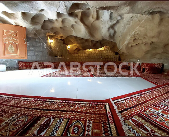 A youth camp and desert session, customs and traditions in the Kingdom of Saudi Arabia, traditional Arab Bedouin gatherings, tourist camps in the wilderness areas