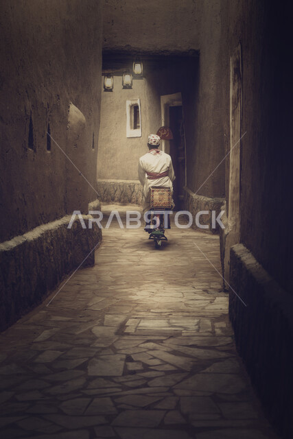 Simple mud houses and buildings, a brick house in one of the popular neighborhoods in the villages of the Kingdom of Saudi Arabia, the old Arab architectural style, famous historical landmarks and heritage sites