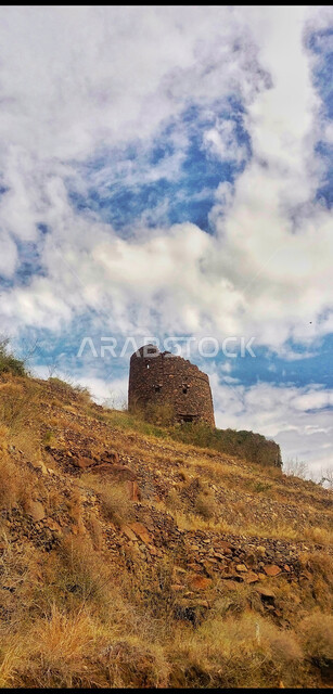 قلعة قديمة على سفوح الجبال، بيت اثري تاريخي قديم، الفن الهندسي المعماري على الطراز القديم من الحجر، الأشجار والنباتات الخضراء على سفوح الجبال في المملكة العربية السعودية، معلم تراثي على القمم والمرتفعات الجبلية