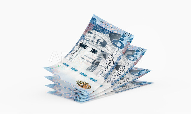 توفير وإدخار الأموال، النقود والعملات الورقية المتداولة, مصرف المملكة العربية السعودية المركزي، رزم من أوراق نقدية من فئة الخمسمئة ريال سعودي من الإصدار الخامس، العملة الرسمية للدولة، مفهوم التمويل والاستثمار المالي، خلفية بيضاء