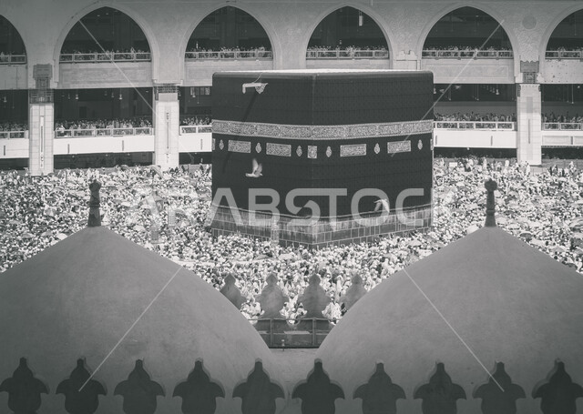 بيت الله الحرام في ساحات الحرم المكي الشريف، طواف الحجاج والمسلمين حول الكعبة المشرفة بمكة المكرمة, مقصد المسلمين من أنحاء العالم، أداء مناسك الحج والعمرة، الأماكن والمعالم الدينية الإسلامية المقدسة في المملكة العربية السعودية, العبادة والتقرب إلى الله تعالى