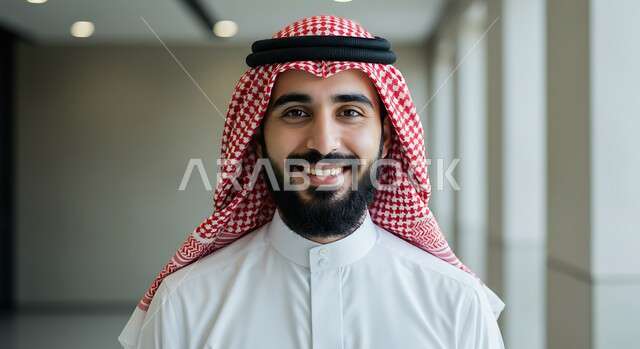 The concept of elegance, masculinity and interest in outward appearance, a close-up image of a smiling Saudi Arabian Gulf man wearing a traditional shemagh and thobe, standing straight with self-confident gestures, background of a company building in the Kingdom of Saudi Arabia