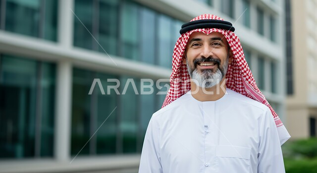 The concept of elegance, masculinity and interest in outward appearance, a close-up image of a smiling Saudi Arabian Gulf man wearing a traditional shemagh and thobe, standing straight with self-confident gestures, background of a company building in the Kingdom of Saudi Arabia