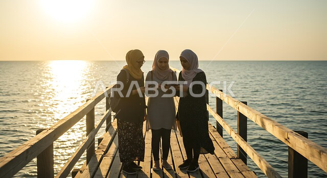Using modern technology, spending quality time with friends, veiled Saudi Arabian Gulf women standing on the Red Sea beach during the day, gestures and expressions of pleasure and concentration while using a mobile phone, enjoying the calm atmosphere on the Arabian Gulf coast in the Kingdom of Saudi Arabia