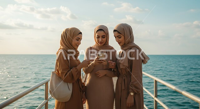 استخدام الجهاز التقني الحديث، قضاء اوقات ممتعة مع الاصدقاء، نساء عربيات خليجيات سعوديات محجبات يقفن على شاطئ البحر الاحمر في النهار، ايماءات وتعابير السرور والتركيز باستعمال الهاتف المحمول، الاستمتاع باجواء هادئة على ساحل الخليج العربي في المملكة العربية السعودية